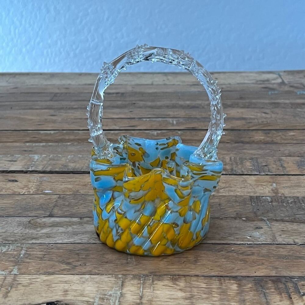 Czech Spatter Glass Ruffled Basket with Thorn Tree Branch Handle
